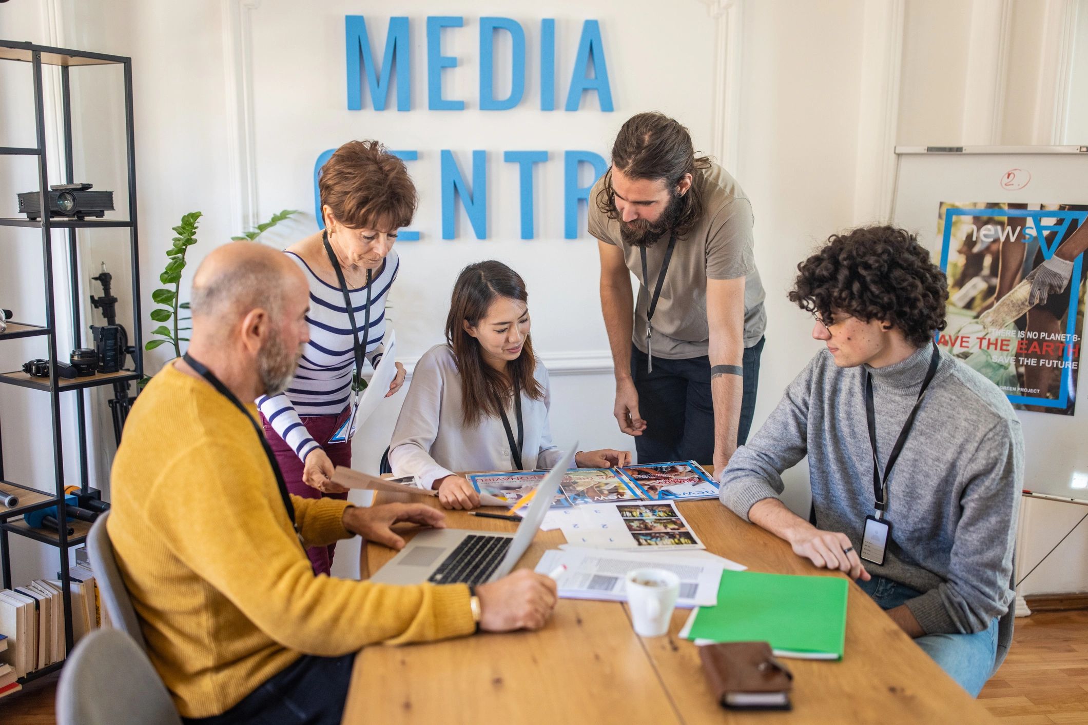 Editorial team collaborating in a modern office